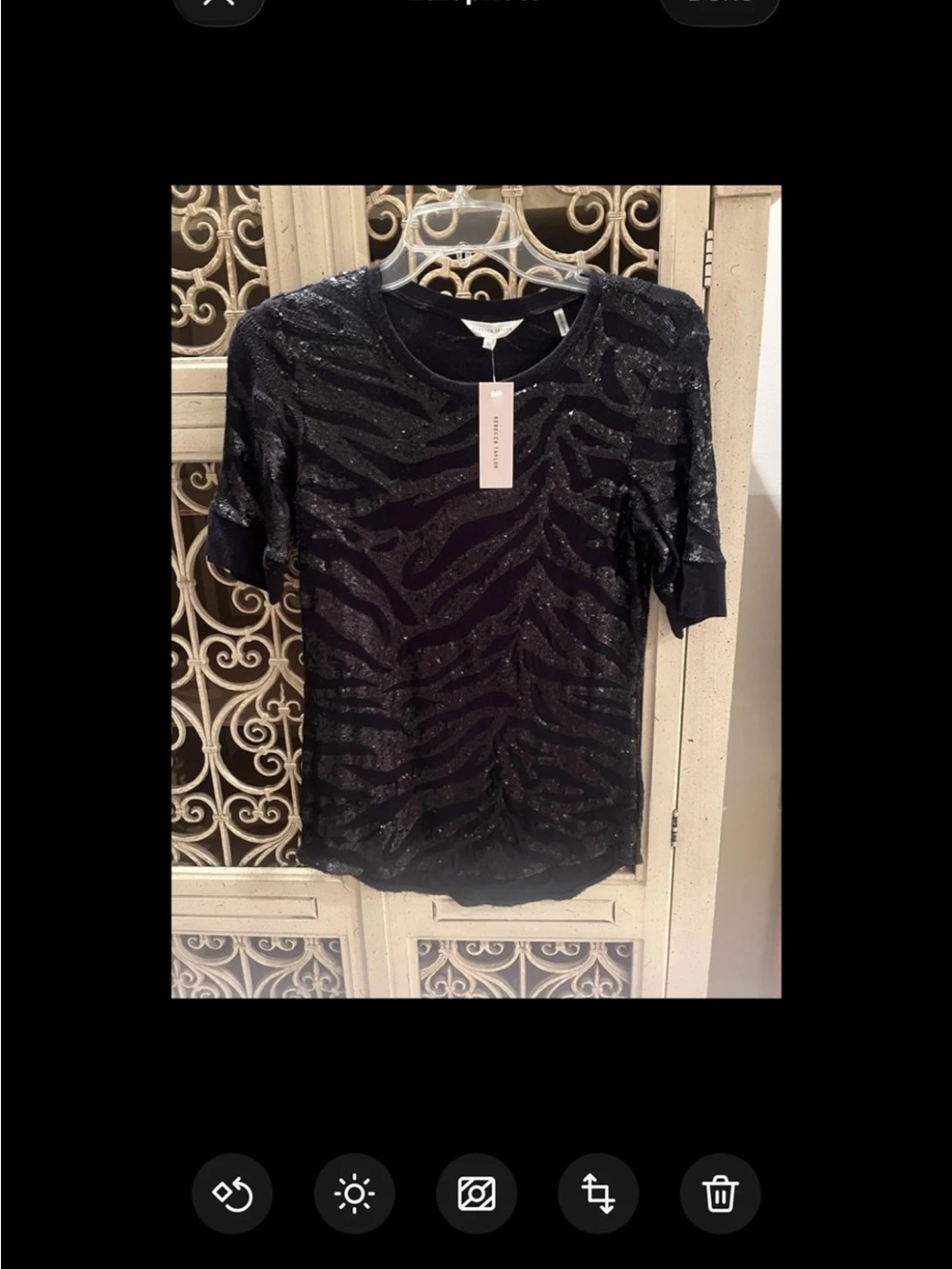 Rebecca Taylor Black Shimmery Zebra-Print Short Sleeve Tee